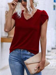 SHEIN LUNE 花瓣袖 V 领 T 恤 - 酒紅色 - 查看 4