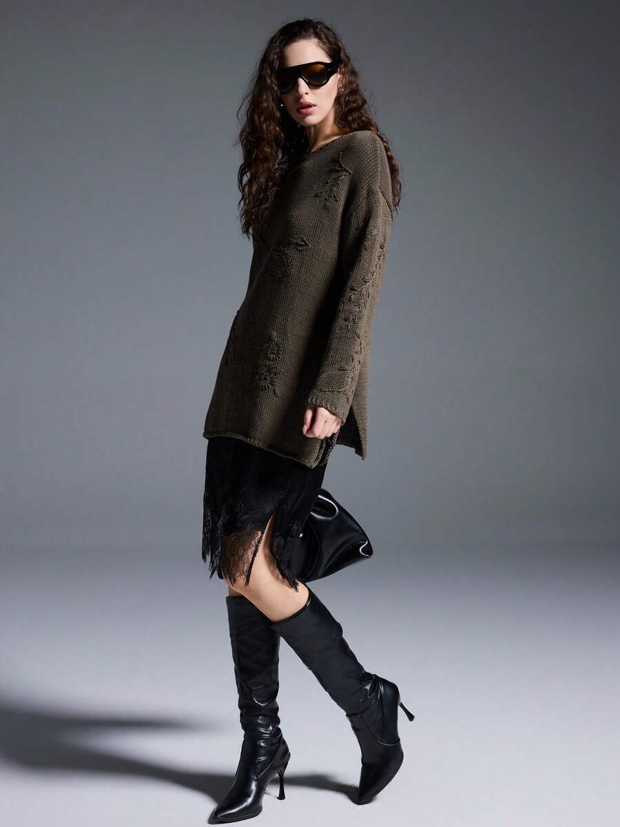 MYSTAURA Women's Casual Vacation Style 3D Embroidery Drop Shoulder Loose Side Slit Tie Knot Sweater, Autumn/Winter - Green - View 1