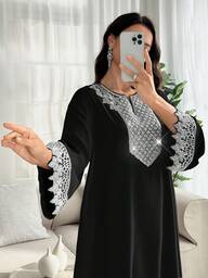 Al Najma Elegant V-Neck Flare Sleeve Beaded Decor Floral Black Dress