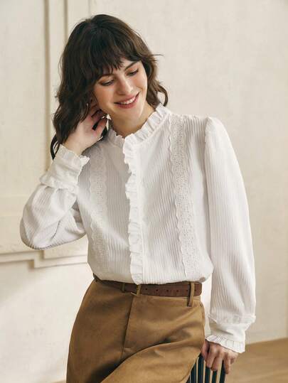 Cévolie 女士优雅法式风格拼接镂空刺绣荷叶边长袖衬衫，秋季