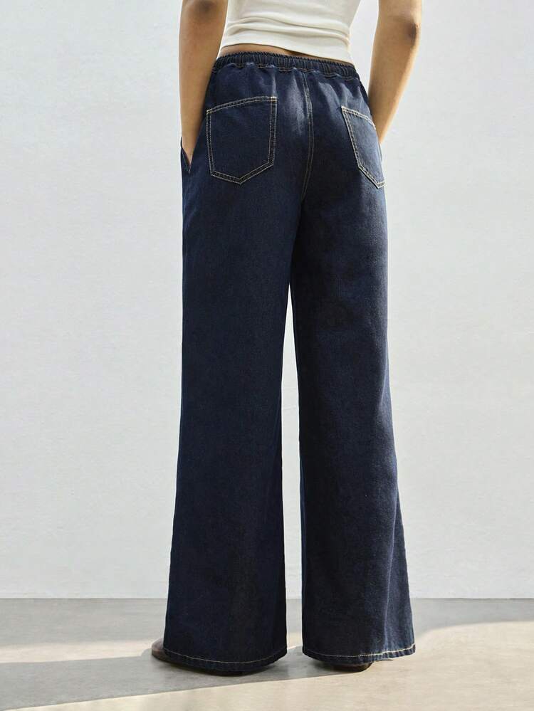 SHEIN Maija Calça Denim Crua de Perna Larga, Cintura Baixa, Cinto Elástico Confortável com Bolsos, Primavera
