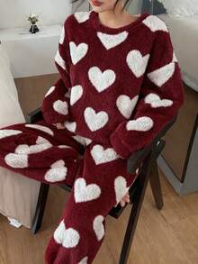 SHEIN 女士可爱爱心图案加厚抓绒睡衣套装，长袖上衣和裤子，粉色和红色，秋冬款 - 彩色 - 查看 3