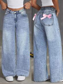 SHEIN Teen Girl Y2K Pink Bow Accent Blue Denim Wide Leg Pants,Fall Clothes,Winter Clothing ,Casual And Fashionable Vacation Outfits,Street Wear,2000s Style  ,Christmas Clothing,Pink Bow Pants,Christmas Denim Pants - Light Wash - View 2