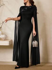 Al Najma Damen Silber Folie Schal Kragen Meerjungfrau Kleid, elegant für Bankette und Partys