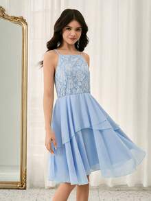 Mädchen Jugendliche Einfarbiges Kleid mit Spaghettiträgern und Rüschensaum, elegant - Babyblau - Übersicht 7