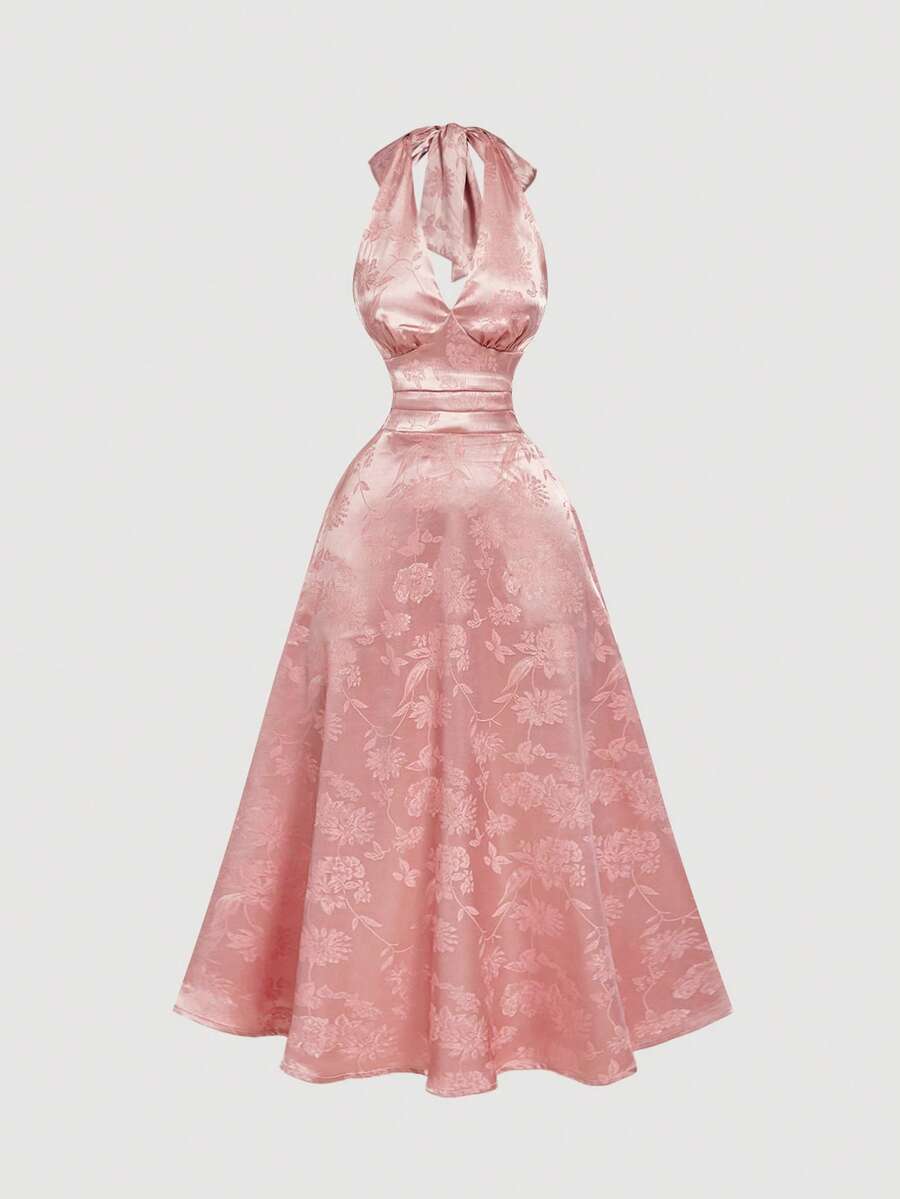 SHEIN MOD 红色缎面花卉提花露背V领长裙,饰有蝴蝶结——复洛克风格,适合约会、派对、优雅宫廷风、节日、生日及舞会等场合。 - 淺粉色 - 查看 1