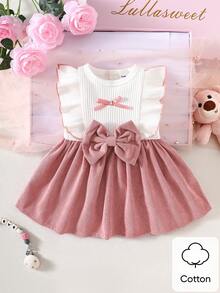 新生女宝宝白色无袖蕾丝领拼接粉色蝴蝶结连衣裙，新款优雅复古可爱面料舒适 - 粉色 - 查看 2