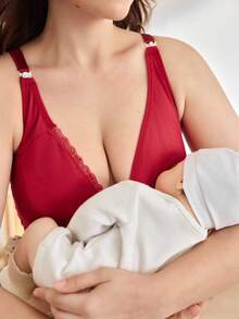 BloomMama Plus Size Maternity Solid Color Lace Trim Nursing Bra