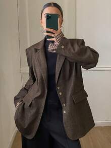 DAZY Blazer casual holgado de mujer con parches de cuadros - Marrón - Ver 7