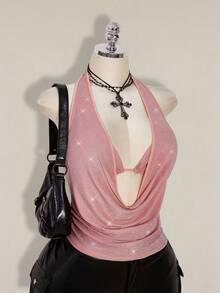 SHEIN ICON Bộ 2 áo ba lỗ hở lưng lấp lánh cho nữ cỡ lớn, đi biển, tiệc tùng Hawaii - Hồng - Xem 7