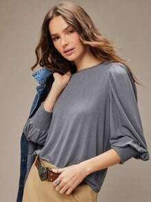 WESTFADE Round Neck Puff Sleeve Smocked Cuff Relaxed Fit Heathered Knit Top Winter, Boho, Western Wear, Holiday, Christmas, NYE, New Year, Nashville Cowgirl, Casual, Cute, Fall, Autumn - Grey - View 1