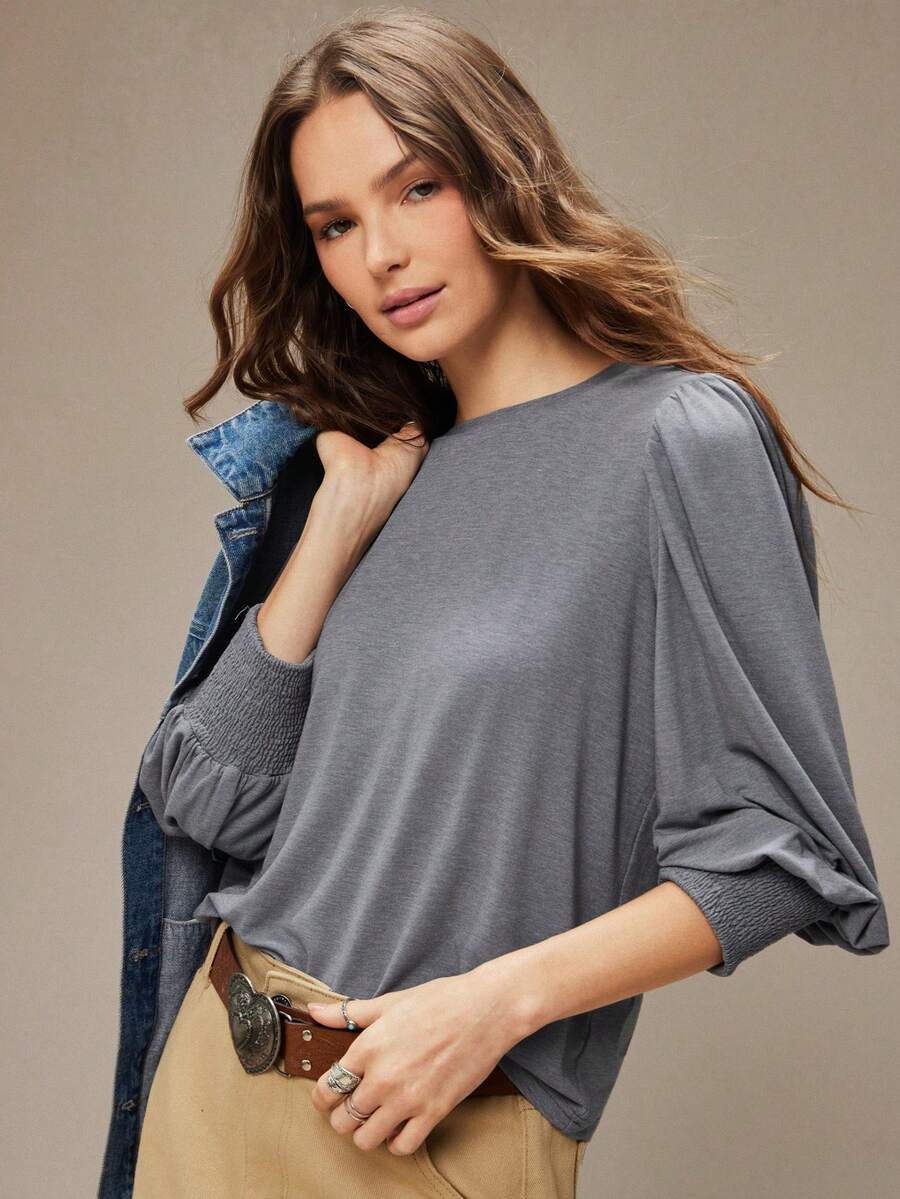 WESTFADE Round Neck Puff Sleeve Smocked Cuff Relaxed Fit Heathered Knit Top Winter, Boho, Western Wear, Holiday, Christmas, NYE, New Year, Nashville Cowgirl, Casual, Cute, Fall, Autumn - Grey - View 1