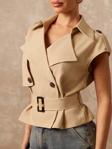Lumalex New Autumn//Spring High-End Women's Casual Daily Commuting Khaki Stand-Up Collar Curved Shoulder Double-Breasted Design Waist Sleeveless Short Windbreaker, Vest Jacket, New Spring Women's Style, Spring/Summer Clothing, Daily Business Casual Wear, Casual Elegant Clothing - Khaki - View 8