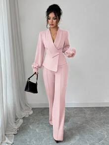 Elenzga Ensemble femme élégant et décontracté pour le travail, les vacances, le thé de l'après-midi. Comprend un blazer asymétrique à col croisé avec manches lanternes et un pantalon évasé à taille élastique. Convient pour le printemps, l'automne et l'hiver. - Rose pâle - Voir 5