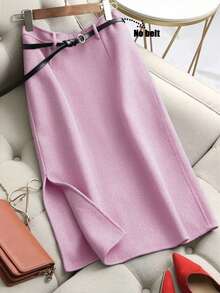 Franclia Women's Autumn/Winter Herringbone Woolen Midi Skirt, Casual Commuter Style, High Waist With Slit, Thick Fabric, Loose And Flattering - Pink - View 1