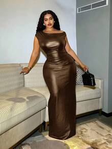 Slaydiva Đầm maxi không tay thời trang mới mùa xuân hè, phù hợp cho tiệc sinh nhật, đi học, mặc hàng ngày, kỳ nghỉ, đi biển, du lịch, phong cách người nổi tiếng, thanh lịch, đi làm, công sở thường ngày, đầm ôm sát một vai gợi cảm bằng da PU màu đen mùa hè, đầm nữ thanh lịch màu nâu cỡ lớn. - màu nâu - Xem 11