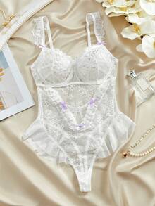 Romantic Lace Underwire Solid Color Bow Decor Sexy Bodysuit - White - View 1