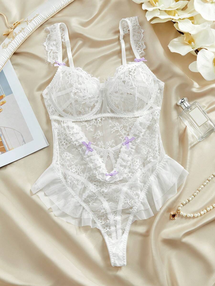 Romantic Lace Underwire Solid Color Bow Decor Sexy Bodysuit - White - View 1