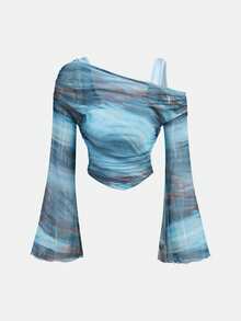 SHEIN Tween Girl Tie-Dye Asymmetric 2 In 1 Bell Sleeve Long Sleeve Cropped T-Shirt Tween Girls T Shirts Tween Girls Long Sleeve Blouse Long Sleeve Shirts Girls - Blue - View 6