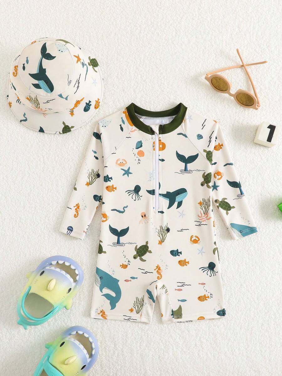 SHEIN 婴儿/男童鲸鱼印花长袖防晒泳衣，带宽檐泳帽 - 彩色 - 查看 1