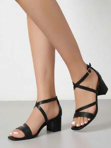 Mujer tira cruzada metálica punta cuadrada hebilla tacón grueso elegante fiesta sandalias - Negro - Ver 2