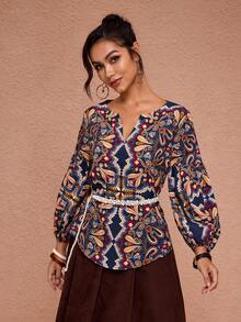 JIAN LASALA Top Casual Boêmia com Estampa Total, Gola V, Mangas Farol, Silhueta A, Ideal para Cruzeiro e Férias, Blusas Elegantes com Gola V para Mulheres, Blusas Boêmias para Mulheres, Camisas Boêmias para Mulheres, Blusas Femininas Boêmias, Camisas Femininas Boêmias, Convidada de Casamento na Praia - Multicolorido - Visão 3