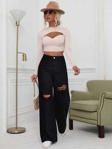 SHEIN ICON Washed Denim Blue High Waist Ripped Wide Leg Jeans - Black - View 3