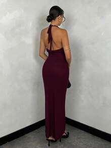SHEIN BAE Đầm dự tiệc sang trọng cổ khoét sâu phối lưới màu trơn dành cho nữ, Đầm dài phong cách nghỉ dưỡng - Màu Tím - Xem 2