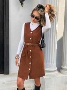 SHEIN Frenchy French Retro Corduroy Vest Dress For Women, New Spring/Summer Style, Elegant And Slimming V-Neck Button-Down Waist Dress. Women's Solid Color V-Neck Sleeveless Corduroy Elegant Short Dress Summer ,Spring ,Valentine's Day, Beach , Wedding,Birthday,Going Out, Elegant , Casual, Vacation, Brown Holiday Resort - Brown - View 3