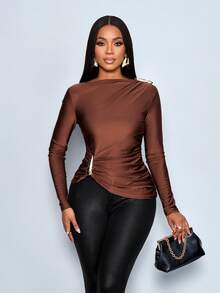 SOLERSUN 女士秋冬T恤，优雅气质，金属纽扣装饰，不规则褶裥下摆，高弹力面料，日常百搭优雅上衣，休闲百搭。 - 咖啡棕 - 查看 6