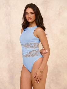 SHEIN BAE Bộ đồ liền thân ren xếp nếp vá ren thanh lịch dành cho nữ, dáng ôm, mùa hè - Màu xanh nhạt - Xem 5