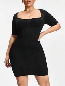 SHAPORA Women's Seamless Short Sleeve Tummy Control Bodycon Dress, Can Be Worn As Plus Size Shapewear Slip Dress, Basic Shaping Skirt For Everyday Wear, Commuting And Home - Black - View 3