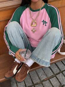 Muchica 女士新款拼接复古哥特十字印花宽松长袖T恤，适合外出、街头风、返校、机场等场合，时尚百搭，Y2K学院风上衣 - 彩色 - 查看 5
