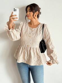 Lounesse Plus Size Jacquard Fabric Apricot Color Mandarin Collar Casual Commuter Long Sleeve Shirt Romantic, Winter Clothes For Women - Apricot - View 4