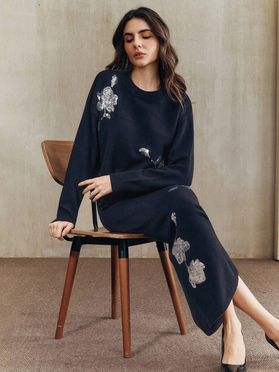 Anewsta Women's Elegant Beaded French Retro Knit 2 Pieces Set - Navy Blue - View 1