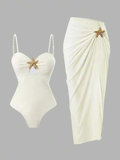 Swim Oasis 2pcs Women's Summer Solid Color Spaghetti Strap Starfish Decor Maxi Skirt High-Cut One-Piece Swimsuit Set