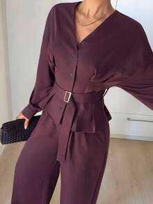 Siren Gaze 女士优雅纯色上衣和裤子两件套 - 中紫紅色 - 查看 3