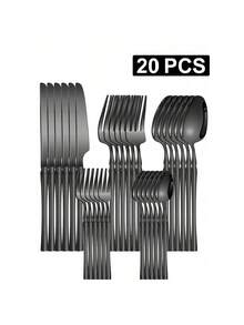 20 piezas Juego de cubiertos de acero inoxidable, diseño de cintura Cuchillo Tenedor Cuchara Cuchara de postre, Empaque de caja de regalo, Adecuado para el hogar, la cocina, el hotel, regalos de boda y fiestas, útiles escolares - Negro - Ver 1