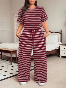 SHEIN EZwear 加大码红色条纹T恤和裤子休闲两件套，夏季 - 紅色 - 查看 6