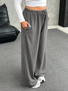 SHEIN EZwear Quần dài rộng rãi thoải mái ấm áp mềm mại màu xám đậm cỡ lớn, dành cho mùa đông - Màu xám đen - Xem 3