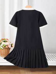 Elladie kids 少女夏季褶皱设计学院风时尚休闲可爱连衣裙 - 黑色 - 查看 2