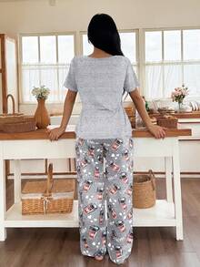 Dream Adore 女士咖啡杯印花休闲圆领短袖睡衣套装 - 灰色 - 查看 2