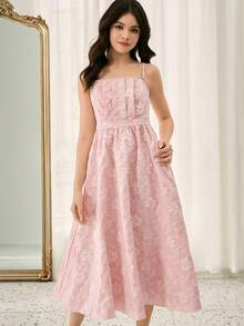 Vestido midi de línea A con bajo asimétrico y textura de tela jacquard, adecuado para bodas, bailes de graduación, fiestas de cumpleaños, aniversarios, Día de San Valentín - Rosa - Ver 6