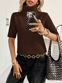 Siren Gaze Damen einfarbiger, vielseitiger Rollkragen-Kurzarm-Strickpullover für Herbst/Winter - Kaffeebraun - Übersicht 6