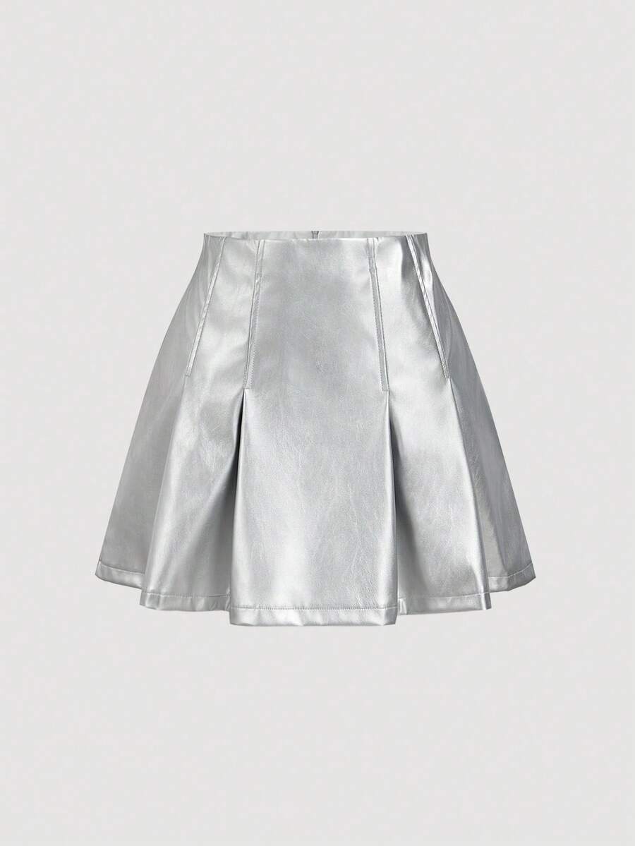 SHEIN MOD 女士时尚百搭褶裥迷你裙 - 銀色 - 查看 1