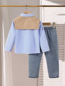 2pcs/Set Young Boy Versatile Casual White Comfortable Soft Woven Fabric Button-Up Collar Long Sleeve Shirt With Shawl Collar Decor + Elastic Waist Distressed Effect Relaxed Fit Jeans Pants Set, Suitable For Outings, Outdoor Activities, Gatherings - Blue - View 2