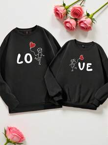 Manfinity Homme 男士休闲情人节卡通男孩女孩印花黑色套头衫 - 黑色 - 查看 1