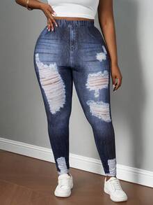 SHEIN PETITE CURVE Plus Size Casual Retro Loose Denim Print Pattern Leggings, Suitable For Autumn/Winter - Blue - View 3