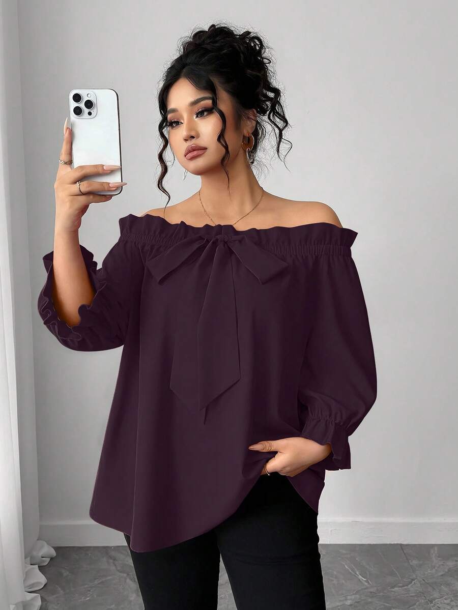 Elenzga Áo cánh trễ vai tay lửng thời trang đơn giản cỡ lớn dành cho nữ, đa năng khi đi làm hàng ngày, thanh lịch và thời trang - Màu tím - Xem 1