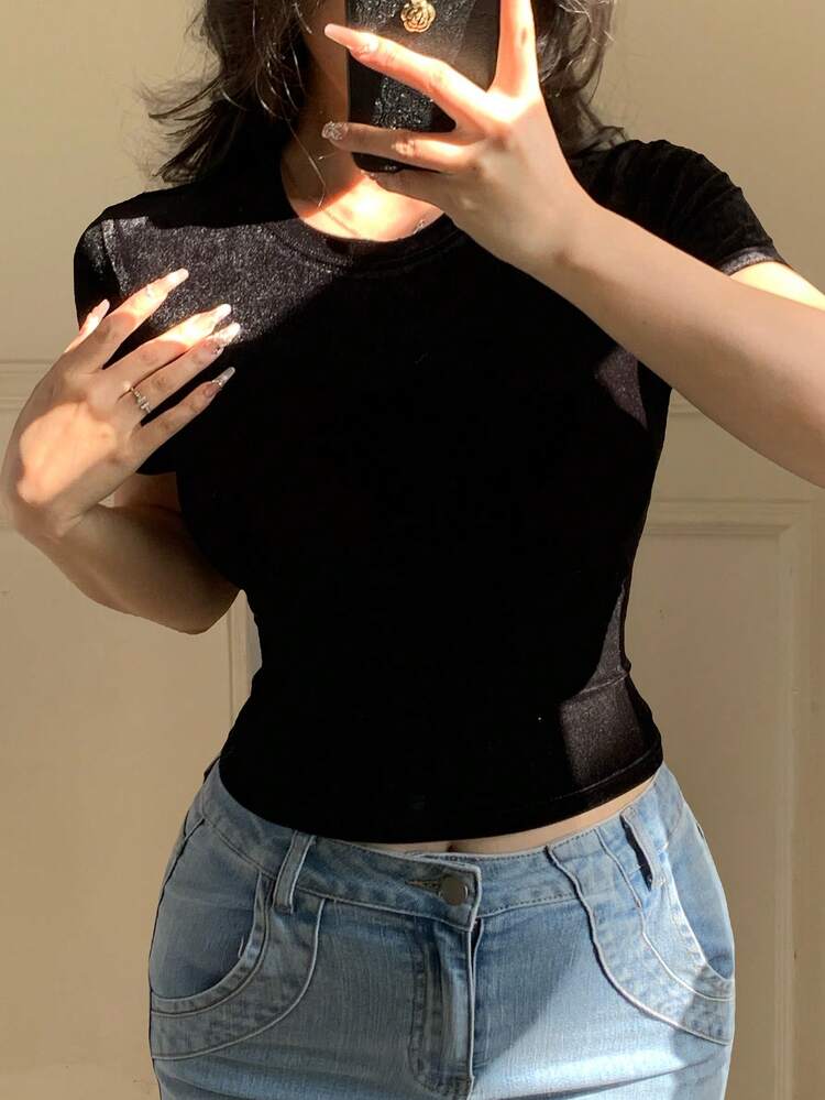 Women's Basic Solid Color Round Neck Short Sleeve T-Shirt, Casual Y2k